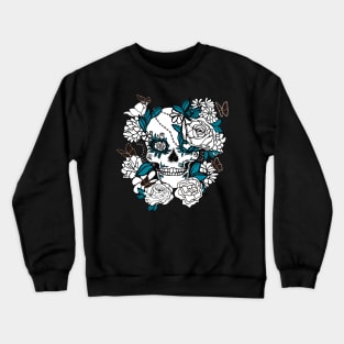 Skull Line Drawing with Butterflies and Flowers in Blue and Black Crewneck Sweatshirt